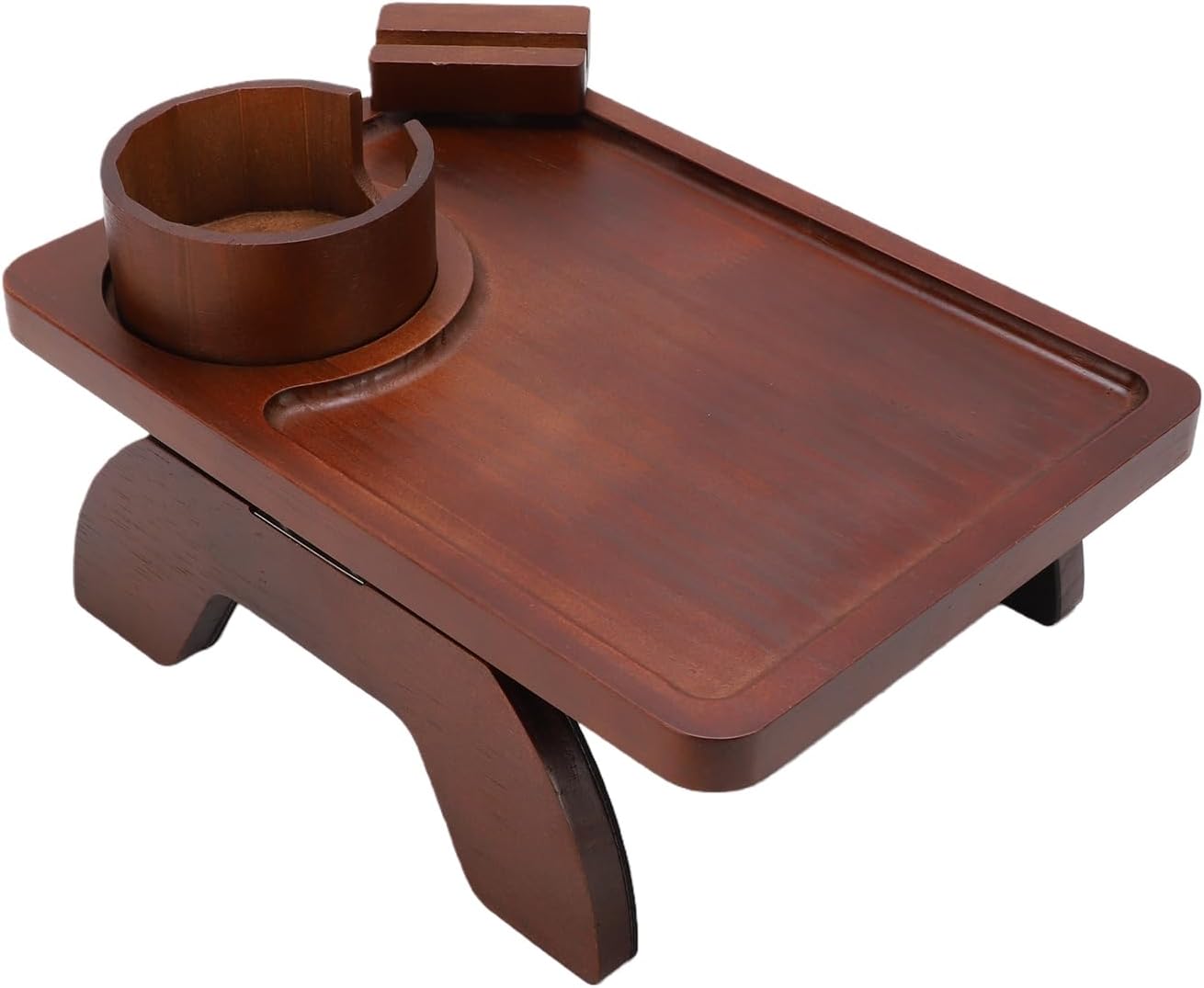 Wood Sofa Arm Tray Table, Couch Armrest Table with Cup Holder, Phone Stand, Clip On Sofas Couch Arm Trays for Snacks Drinks Remote Control (Brown)