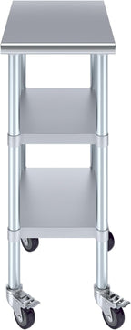 AmGood Stainless Steel Work Table with 2 Shelves and Casters | Metal Utility Table On Wheels (Stainless Steel Work Table with 2 Shelves + Casters, 15" Long x 24" Deep)