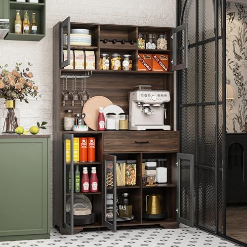 Fatmok 71" Tall Pantry Cabinet with Glass Doors, Kitchen Hutch Storage C...