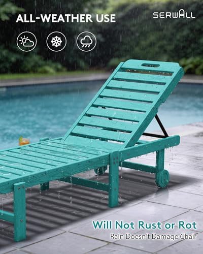 SERWALL HDPE Outdoor Chaise Lounge Set of 2 with Cup Holder & Wheels, Aru...
