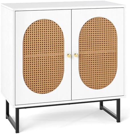 GIANTEX Boho Rattan Sideboard Buffet Cabinet with Storage, White