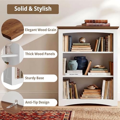 IRONCK 43" Tall 3-Tier Bookshelf, Farmhouse Bookcase White