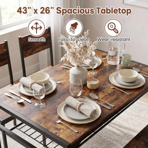 COSTWAY Dining Table Set for 4 with Bench & 2 Chairs, Storage Racks