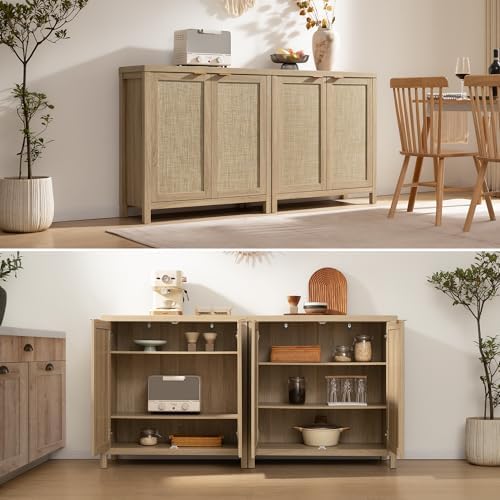 SICOTAS Sideboard Buffet Cabinet with Large Storage : Rattan Boho Credenza