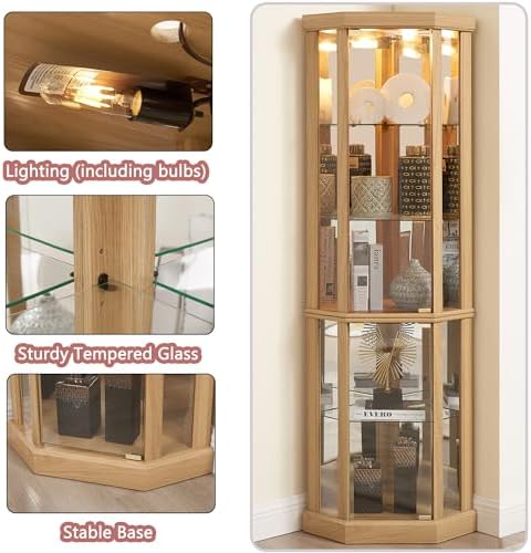 69" H Corner Curio Cabinet with Light, Corner Glass Display Showcase wit...