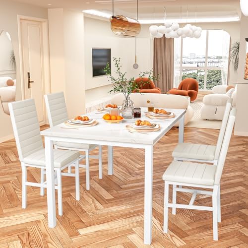 Hooseng Dining Table Set for 4, 5-Piece Faux Marble Dinner Table Set with 4 U...