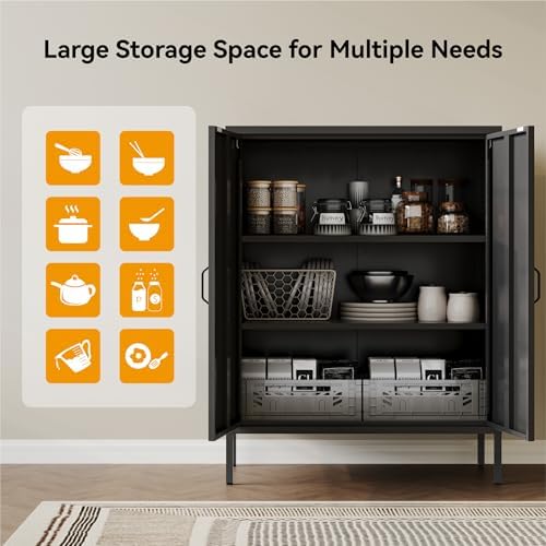 COFaR Black Metal Storage Cabinet, 40” Industrial Kitchen Organizer & Buf...