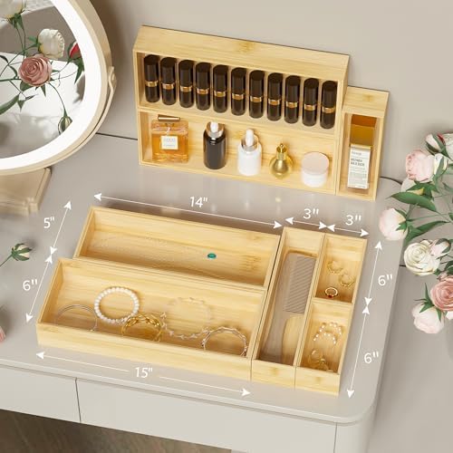 Kitchen Drawer Organizer Bins, Stackable Bamboo Deep Drawer Organizer for Silverware, Utensils, Cutlery, Flatware, Junk Drawer, Dresser, Bathroom, 14" x 5" x 2.5" (Set of 2)