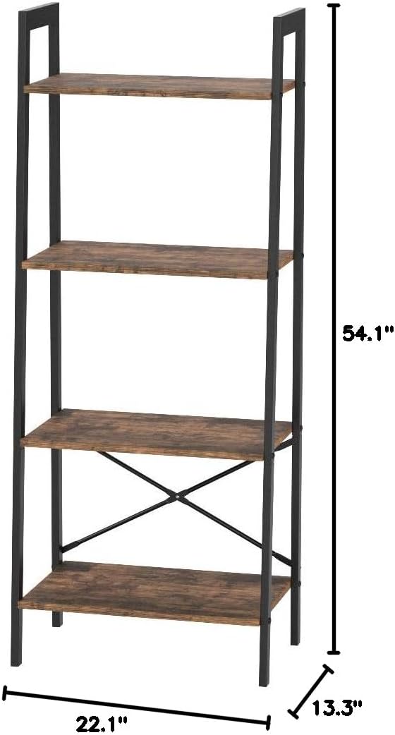 Ladder Shelf, 4-Tier Bookshelf, Storage Rack Shelves, Bathroom, Living Room, Wood Look Accent Furniture Metal Frame, Rustic Brown