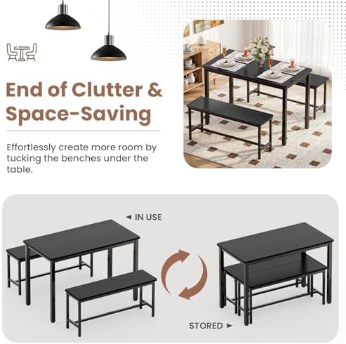 Dining Table Set for 4, Kitchen Table with 2 Benchs, Black