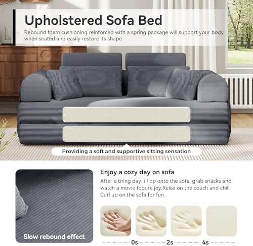 79"Round Arm Sofa with High Backrest Pillow for Living Room (Dark Gray) ...
