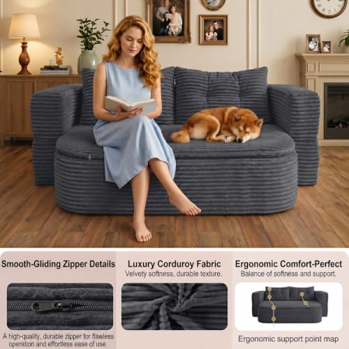 78.7" Futon Sofa Bed, Memory Foam Convertible Couch, Dark Gray | Sophisticated comfort with premium corduroy, one-flip conversion, built-in blanket, and ergonomic support