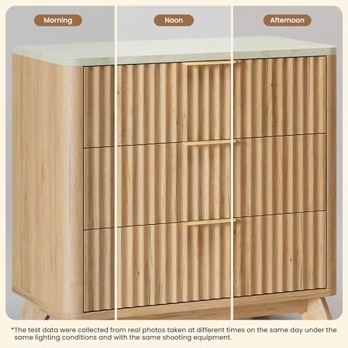 24" Tall 3 Drawers Fluted NightStand with Faux Marble Top,Natural Oak