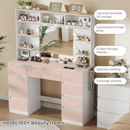 Vanity Desk with Mirror and Lights,43" Makeup Vanity Table with 9 Drawer...