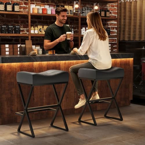 Counter Height Bar Stools Set of 2, Backless 26" Saddle Barstools, Grey ...