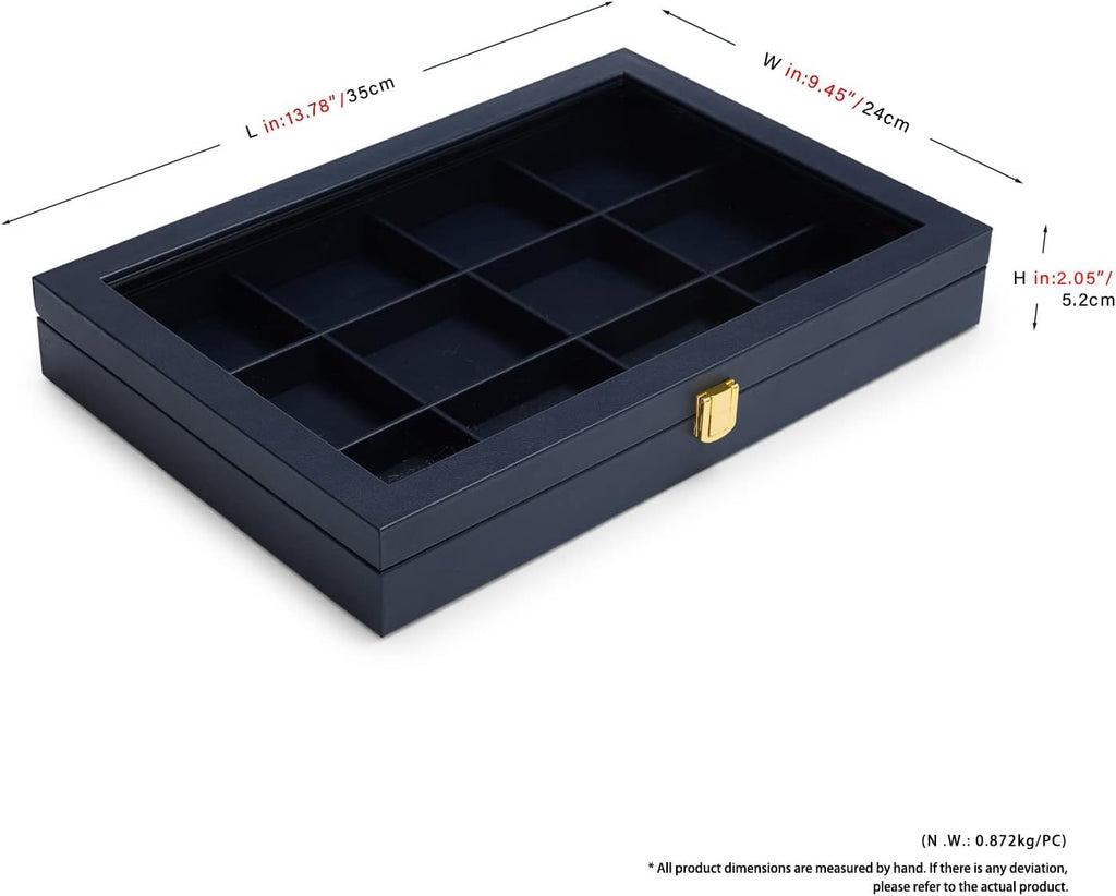 Oirlv 12 Gird Jewelry Tray with Acrylic Lid Premium Blue Leather Jewelry Organizer Box Transparent Lid Bracelet Bangle Small Watch Storage Case for Women Gift