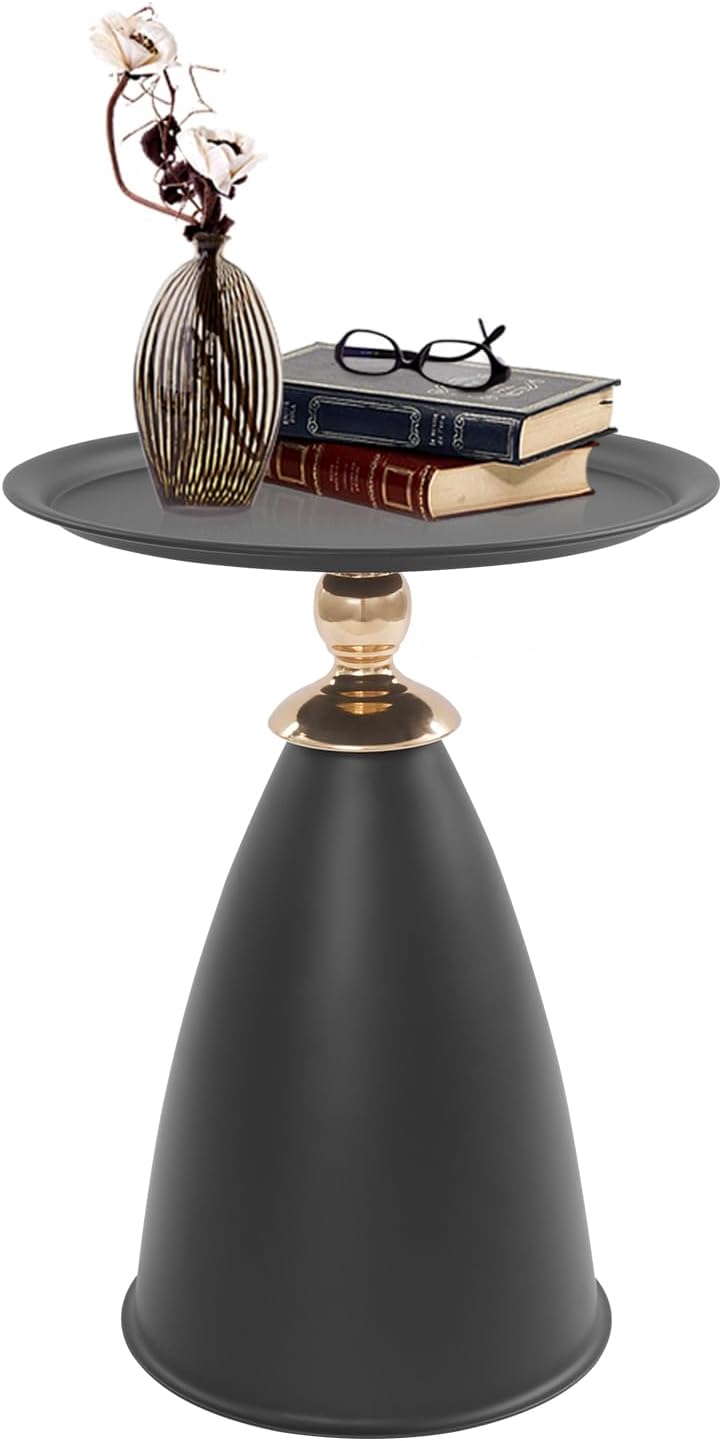 Round Side Table with Raised Edge, Cream White & Gold Accent Small End Ta...