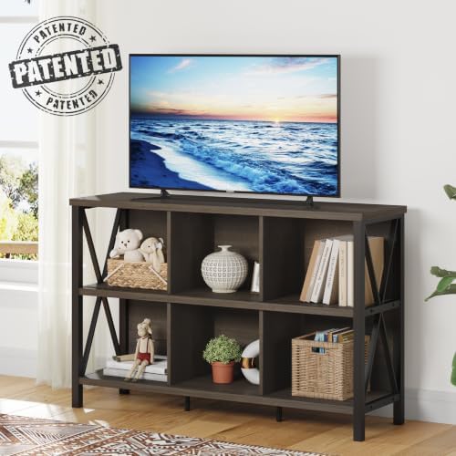FATORRI 6 Cube Storage Organizer, 47" Horizontal Bookshelf, Walnut Brown