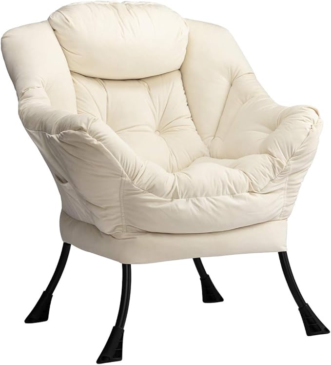 HollyHOME Modern Fabric Large Lazy Chair, Accent Oversized Comfy Reading Chair, Thick Padded Cozy Lounge Chair with Armrest, Steel Frame Leisure Sofa Chair for Living Room, Bedroom, Dorm, Beige