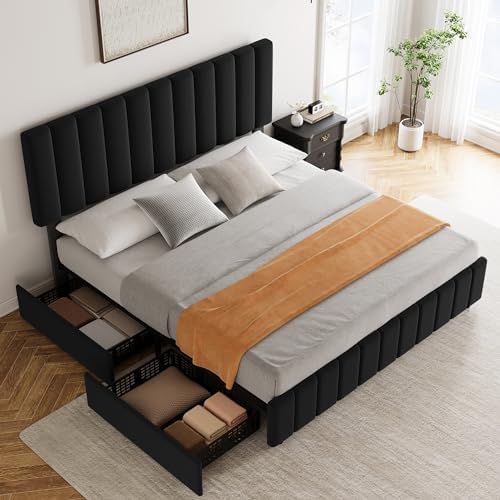 Garvee Full Size Bed Frame, Linen Bed Frame with 4 Storage Drawers, Black