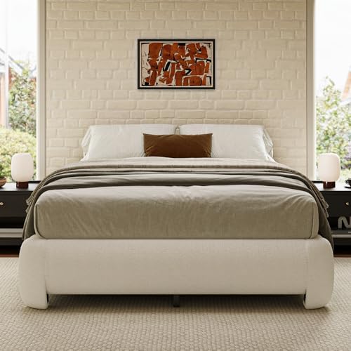 Cloud Full Size Platform Bed Frame, Soft Boucle Bed Frame with Round Corner, ...