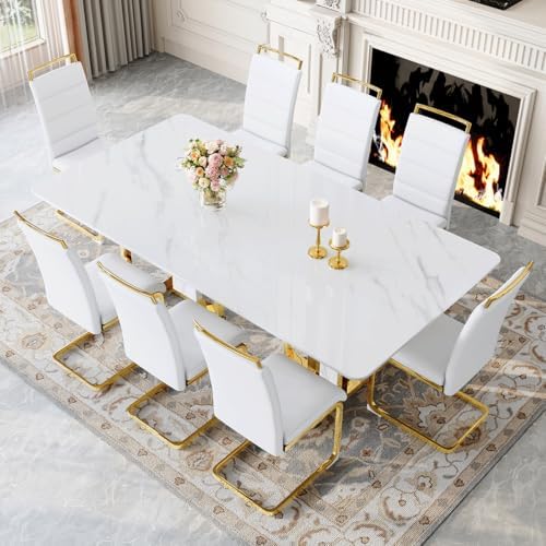 79" White Gold Dining Table Set for 8, Luxury Faux Marble Dining Table S...