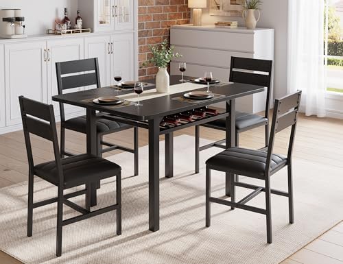 MapleGrace Extendable Dining Table Set for 4 with Built-in Shelf Rack Black