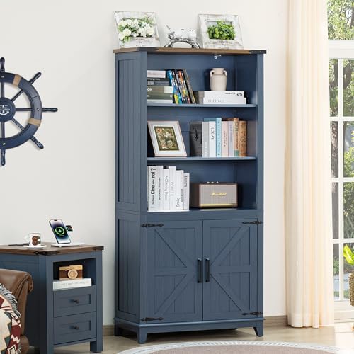 Joaxswe 70in Tall Bookshelf 5 Tier Bookcase with Barn Doors and Adjustable Sh...