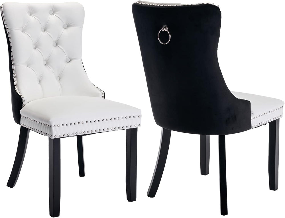 Black and White Dining Chairs Set of 2, Velvet Back, PU Leather Seat