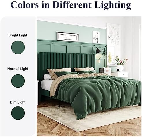 Allewie King Bed Frame, Velvet Upholstered Platform Bed with Adjustable Verti...