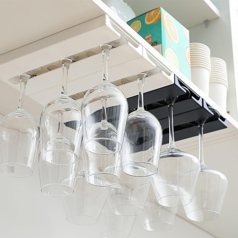 No-Drill Wine Glass Holder, Under-Cabinet Hanging Rack for Wine Glasses, Space-Saving Storage Organizer (Black)