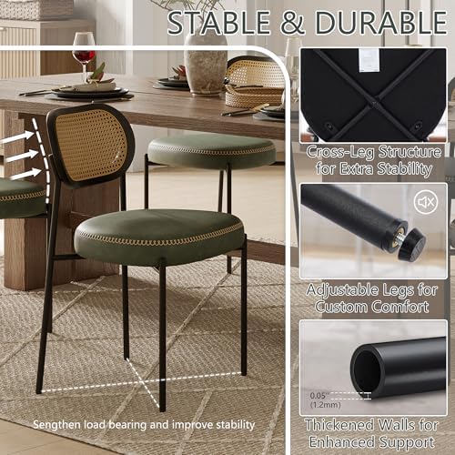 Rattan Dining Chairs Set of 4, Green Leather Upholstered Dining Chairs with R...