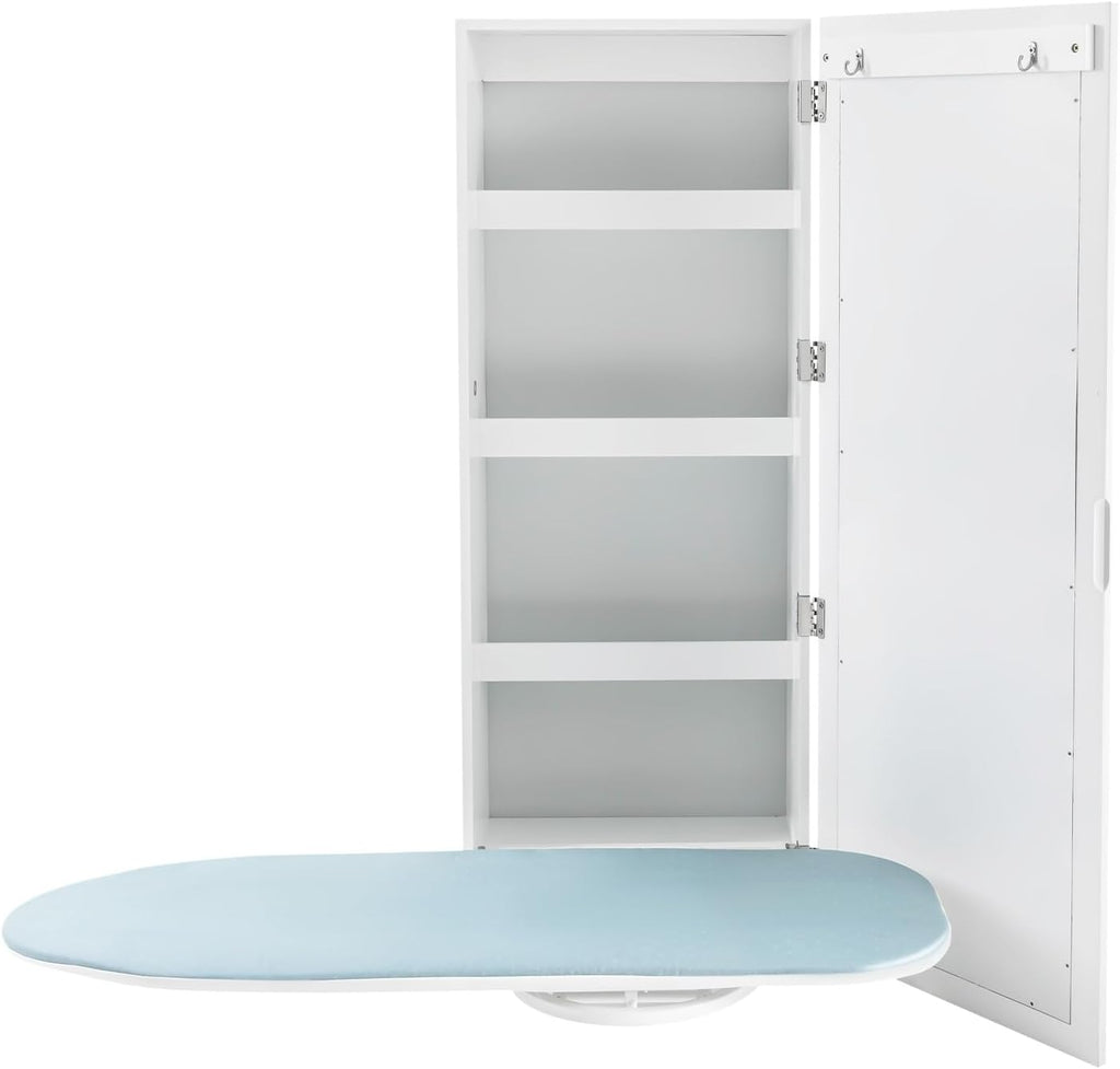 Wall-Mounted Ironing Board Cabinet with Storage Shelves & Door, Built in Foldable Ironing Board, Wall Hanging Ironing Storage Station for Bedrooms Laundry Rooms Apartments Small Spaces