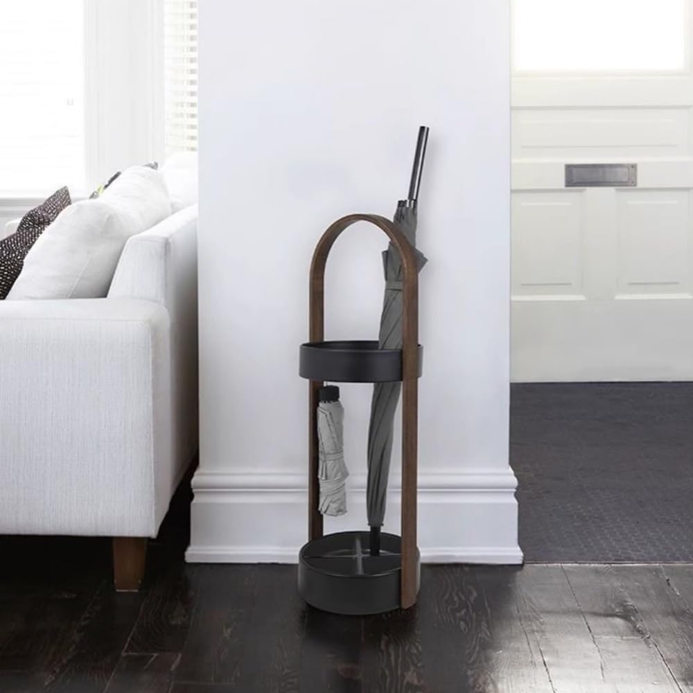 Metal Umbrella Stand, Wood Grain Umbrella Holder with Hooks(Black) | Space-Saving Umbrella Storage for Entryway or Hallway, Modern Indoor Umbrella Rack with Wooden Armrests