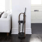 Metal Umbrella Stand, Wood Grain Umbrella Holder with Hooks(Black) | Space-Saving Umbrella Storage for Entryway or Hallway, Modern Indoor Umbrella Rack with Wooden Armrests