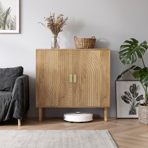 Smuxee Oak Sideboard Cabinet, Freestanding Buffet Cabinet with Line Groove De...