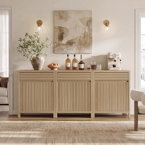 SICOTAS 87" Fluted Buffet Cabinet with Drawers,Large Modern Credenza, 3 PCS