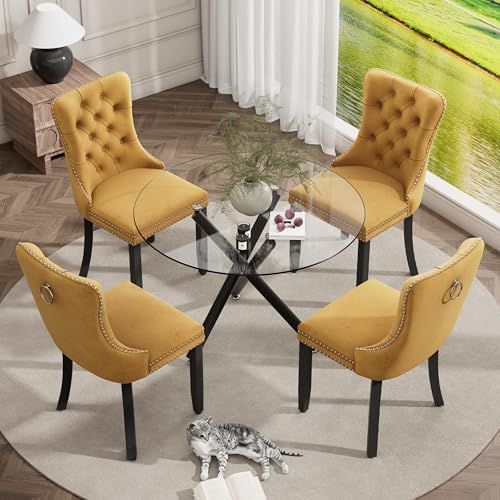 Modern Luxury Round Glass Dining Set for 4, 5 Pcs Small Minimalist Circle Kitchen Table Set, 36'' Clear Circular Glass Top Dinner Room Set, Yellow High-end Tufted Chairs, for Apartment (Black)