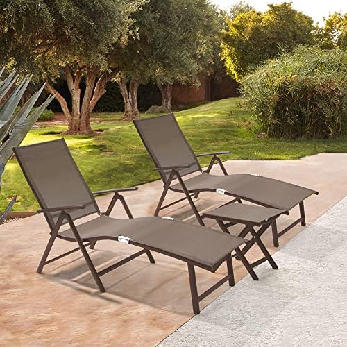 Lounge Chair Outdoor, Folding Pool Chaise Chairs Set of 3 (Brown)
