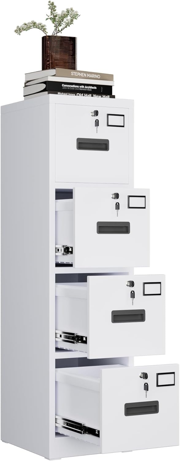Garvee 4-Drawer White Metal File Cabinet with Individual Locks, Heavy-Duty St...