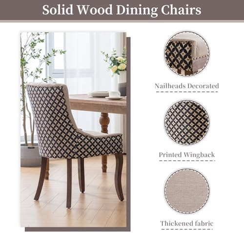 Beige Pattern Upholstered Dining Chairs Set of 4, Farmhouse Kitchen Chairs | ...