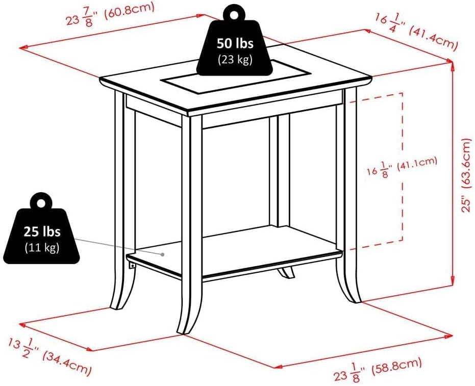 Furnifact Rectangular End Table, Glass Top, Lower Shelf, Flared Legs, Solid W...