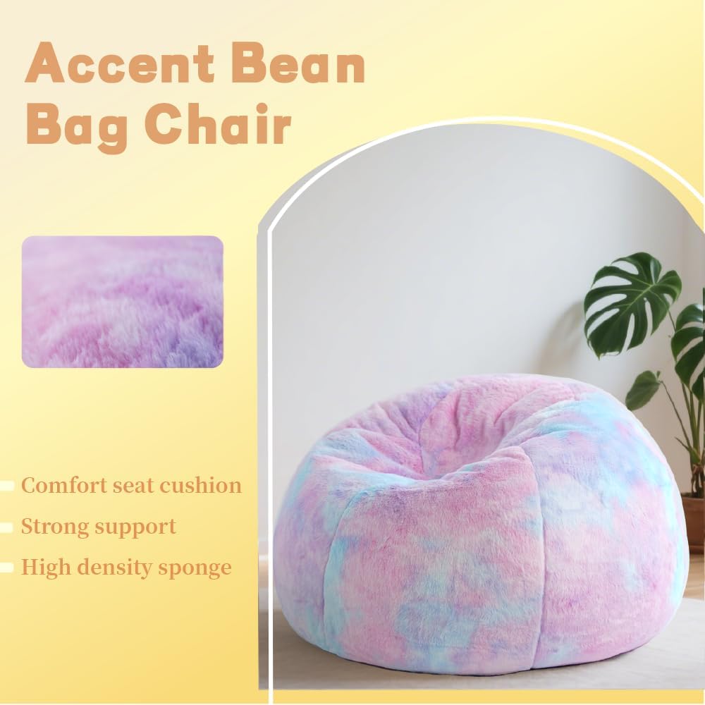 Modern Soft Fluffy Bean Bag Chair With Faux Rabbit Fur Cover, Memory Foam Bean Bag Chairs For Kids Teens, Furry Fuzzy Faux Fur Fabric Beanbag, Round Rainbow Plush Sofa For Bedroom, Living Room, Dorm