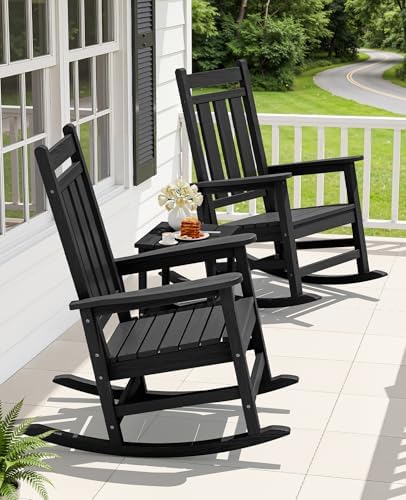 KINGYES Oversized Outdoor Rocking Chair Set of 2, HDPE Patio Rockers, Black |...