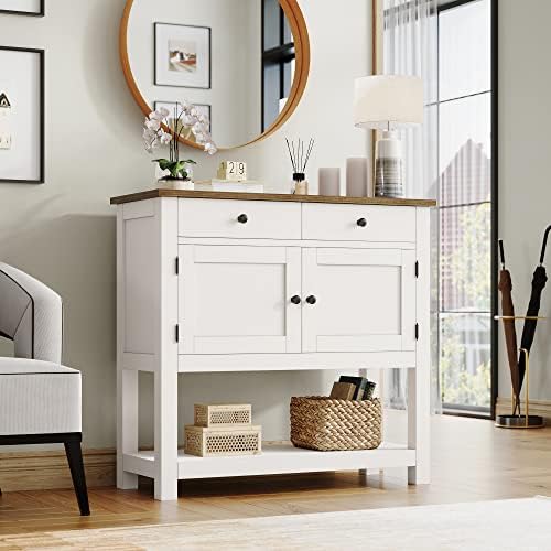 HOSTACK Farmhouse Console Table with Storage, 35.4" W Entryway Table, White