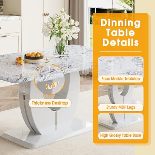 JUFU 5-Piece Dining Table Set for 4, 63-Inch Faux Marble with PU Chairs