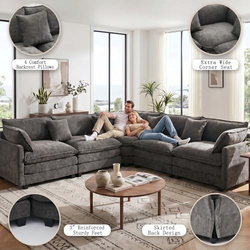 111.4" V-Shaped 5-Seat Sectional Cloud Couch, Chenille Soft Set, Grey | ...