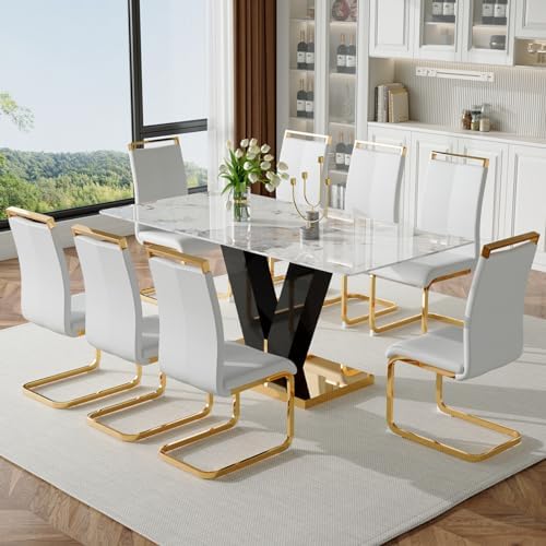 71'' Dining Table Set for 8,Marble Dining Table Set,Modern Kitchen Ta...