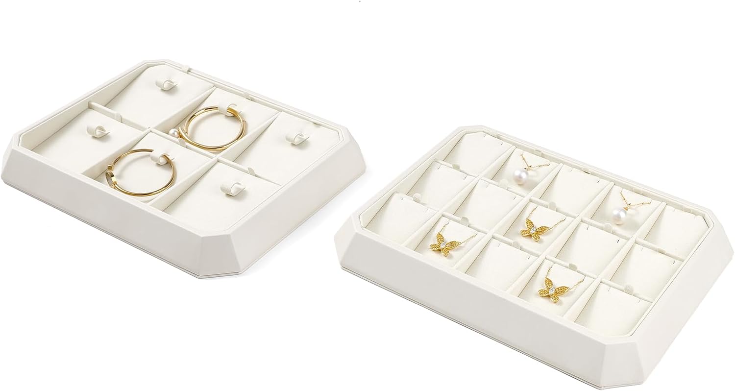 Premium PU Leather Stackable Jewelry Ring Display Tray Ring Earring Display Holder Organizer Showcase(Beige)