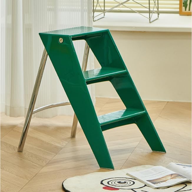 Folding Step Stool Ladder,3 Step Decorative Ladder Shelf,Portable Foldable Ladders for Living Room,Kitchen,Green